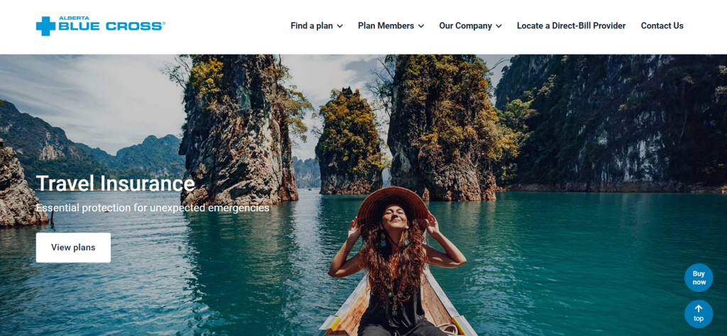 The landing page for Alberta Blue Cross Travel Insurance. There is a picture of a woman on a boat in a tropical cove. 